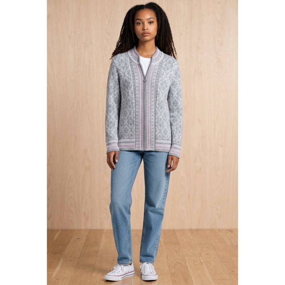 Appleseed's Oslo Nordic Fair Isle Full Zip Cardigan Sweater Grey Pink Wool Sz M